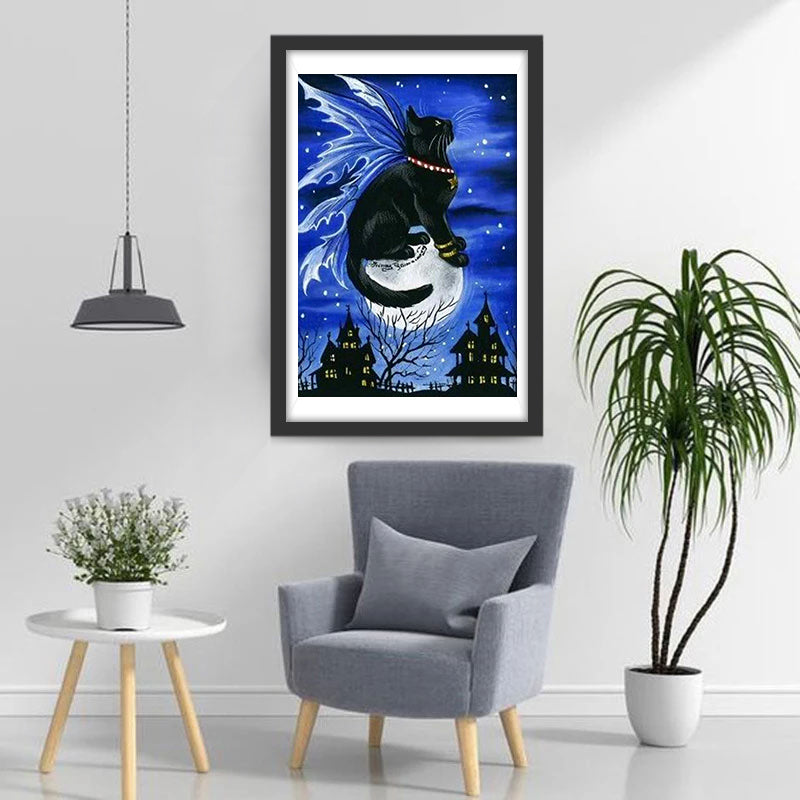 Chat Noir avec des Ailes Broderie Diamant