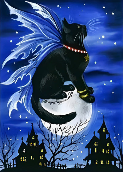 Chat Noir avec des Ailes Broderie Diamant