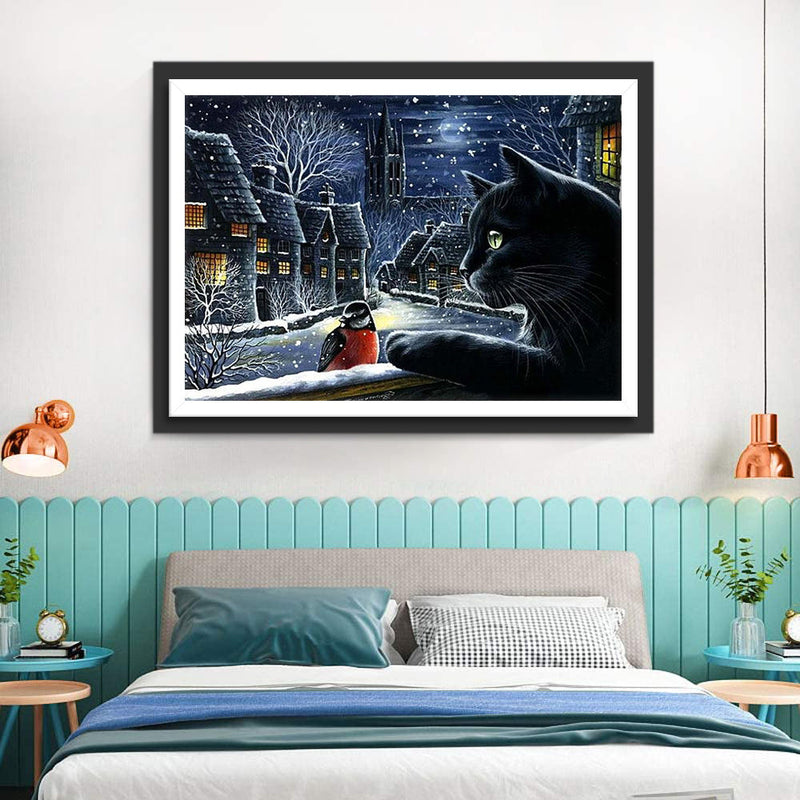 Chat Noir avec la Nuit Neigée Broderie Diamant