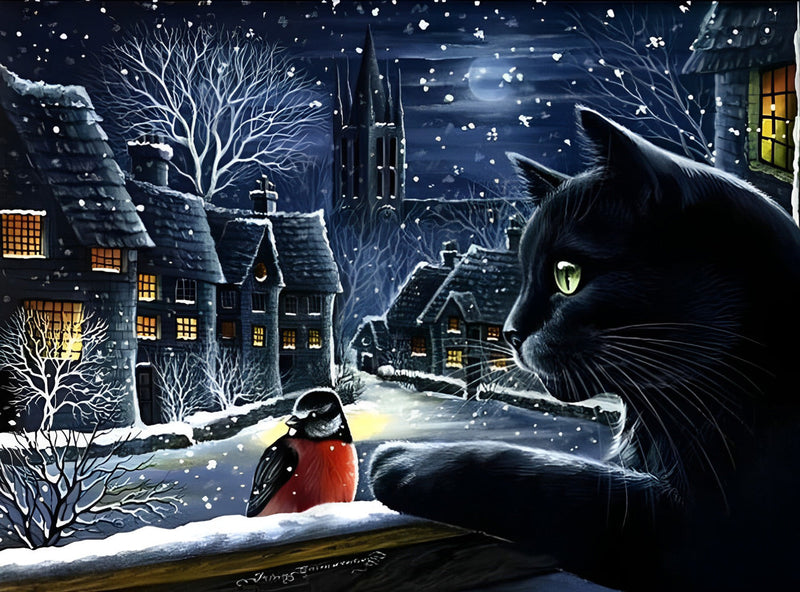 Chat Noir avec la Nuit Neigée Broderie Diamant