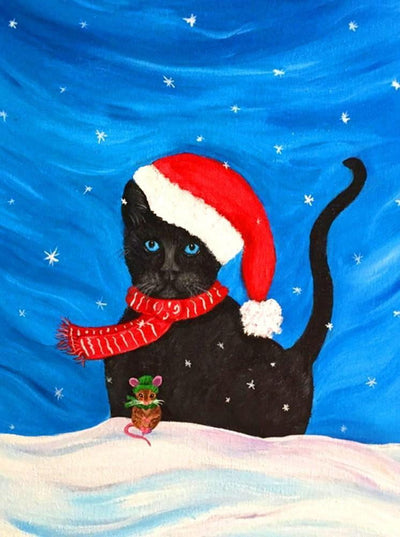 Chat Noir avec un Bonnet de Noël Broderie Diamant