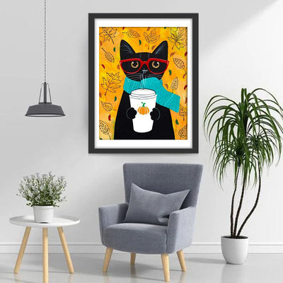 Chat Noir Buvant de Jus de Citrouille Broderie Diamant