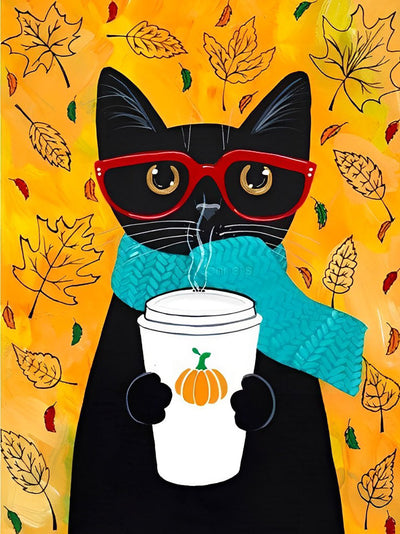 Chat Noir Buvant de Jus de Citrouille Broderie Diamant