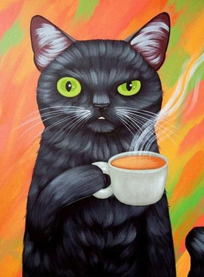 Chat Noir Buveur de Latte Broderie Diamant
