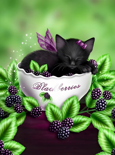Chat Noir Dormant dans un Bol de Mûres Broderie Diamant