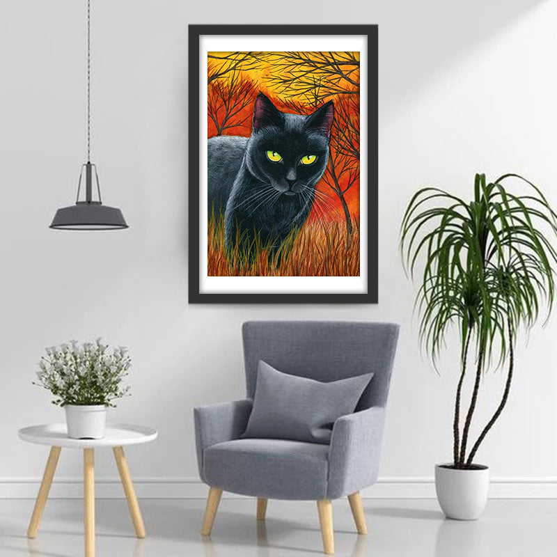 Chat Noir en Train de Chasser Broderie Diamant