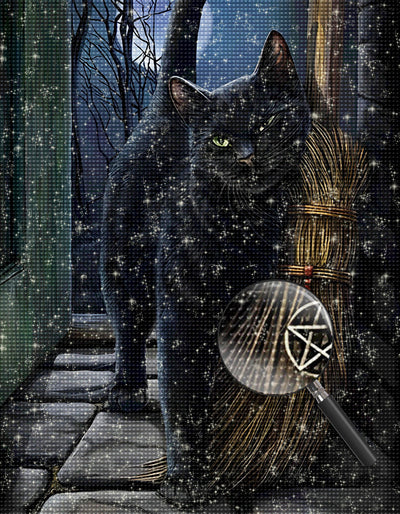 Chat Noir et Balai de Sorcier Broderie Diamant