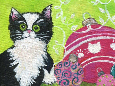 Chat Noir et Blanc avec des Boules de Noël Broderie Diamant