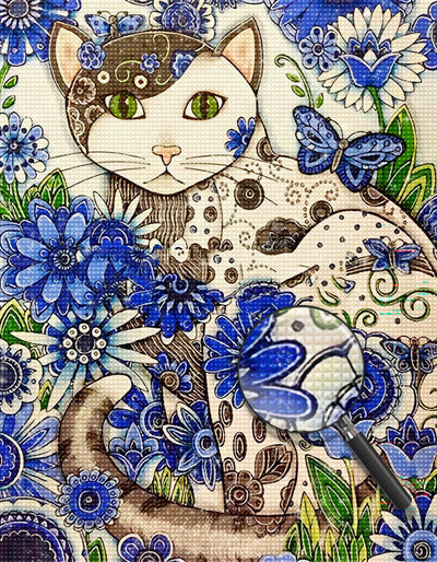 Chat Noir et Blanc avec des Fleurs Bleues Broderie Diamant