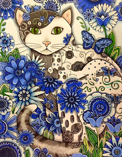 Chat Noir et Blanc avec des Fleurs Bleues Broderie Diamant