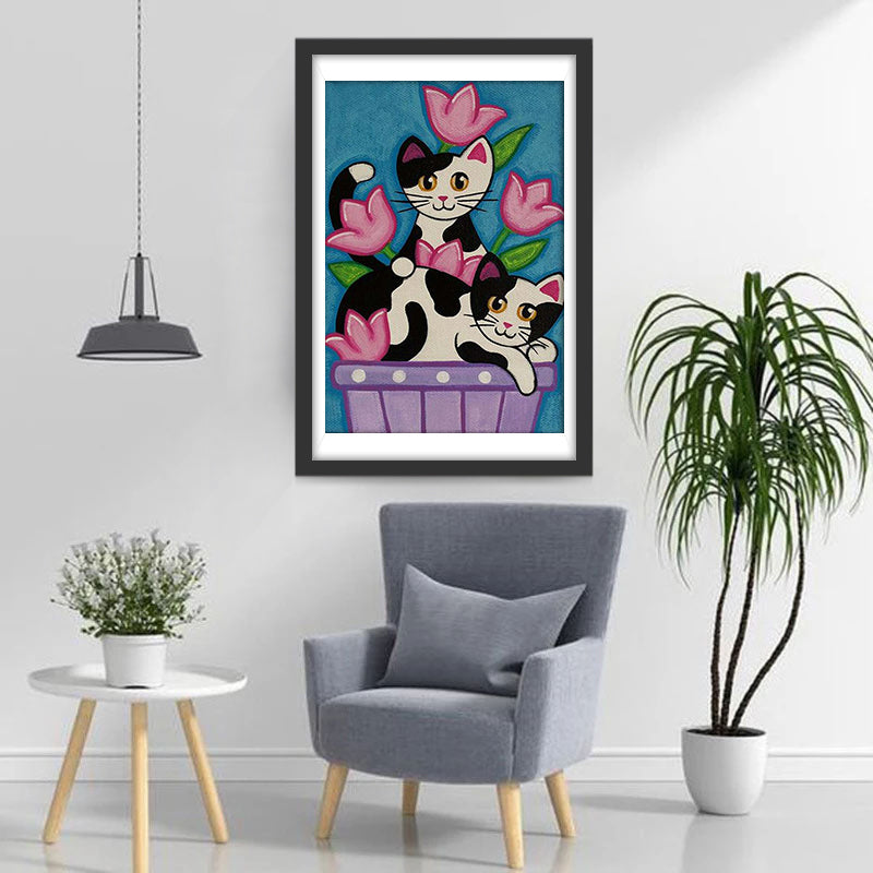 Chat Noir et Blanc avec des Tulipes Broderie Diamant