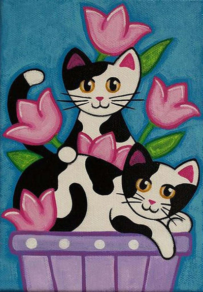 Chat Noir et Blanc avec des Tulipes Broderie Diamant