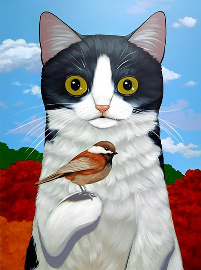 Chat Noir et Blanc avec Oiseau Broderie Diamant