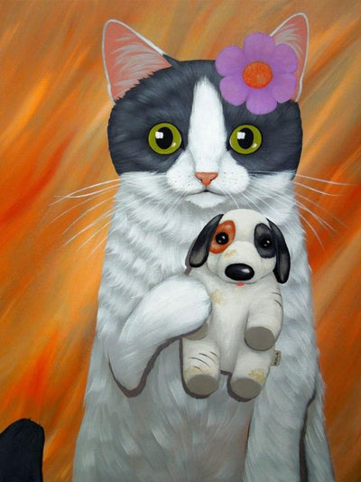 Chat Noir et Blanc avec Peluche de Chien Broderie Diamant