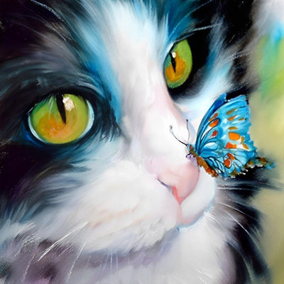 Chat Noir et Blanc avec un papillon sur le Nez Broderie Diamant