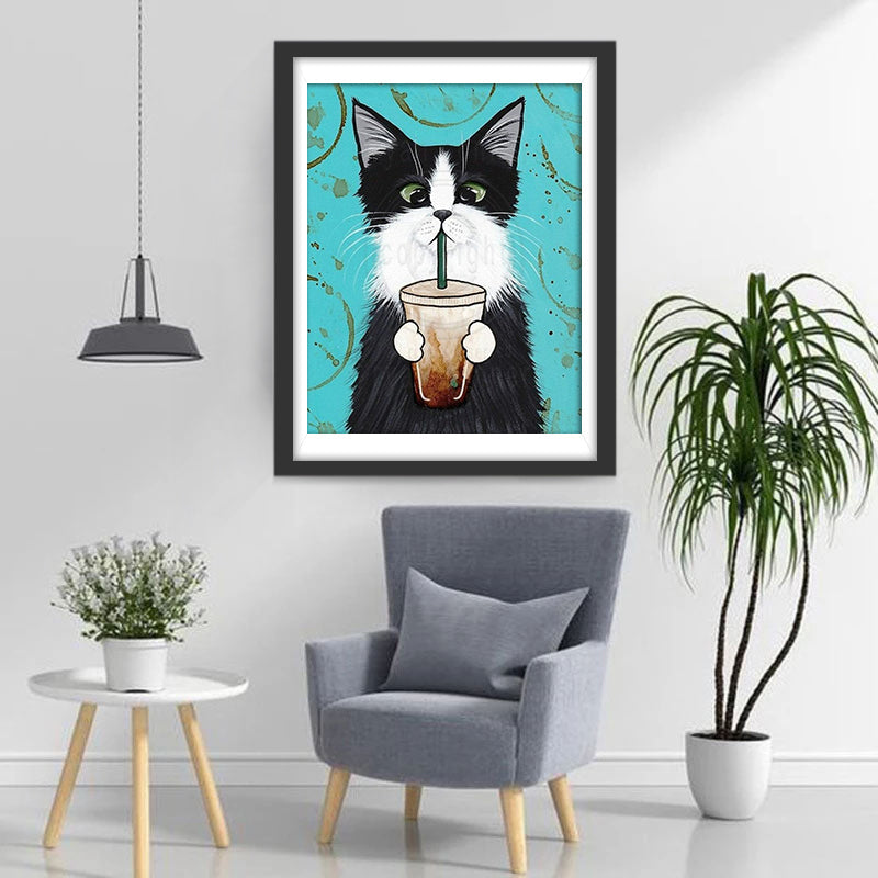 Chat Noir et Blanc Buvant du Café Broderie Diamant