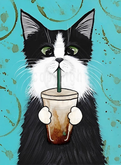 Chat Noir et Blanc Buvant du Café Broderie Diamant