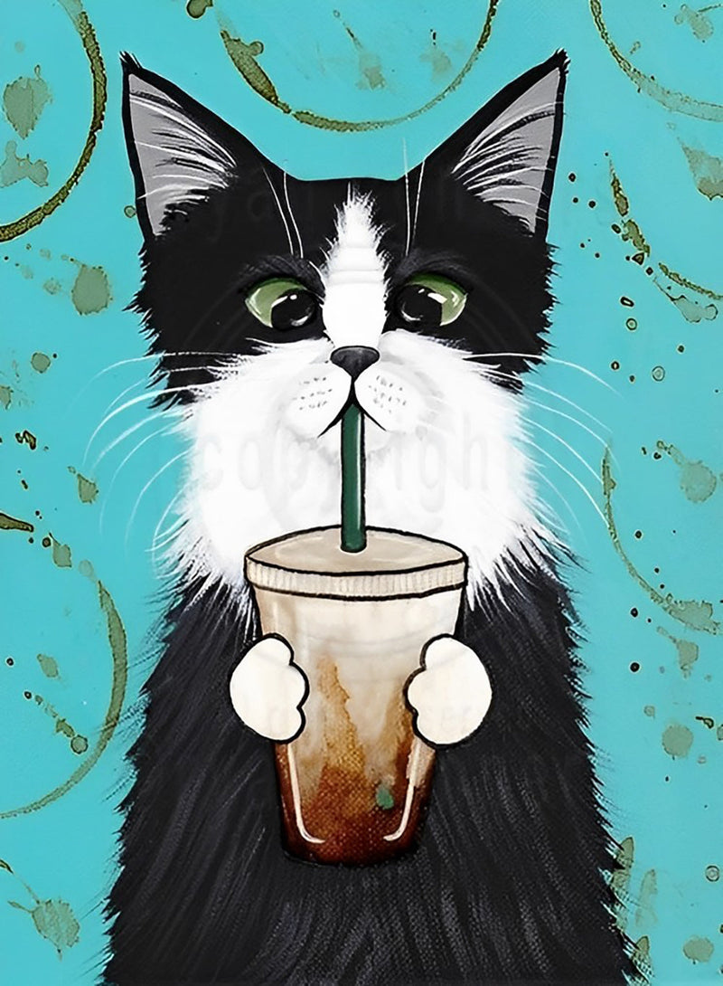 Chat Noir et Blanc Buvant du Café Broderie Diamant