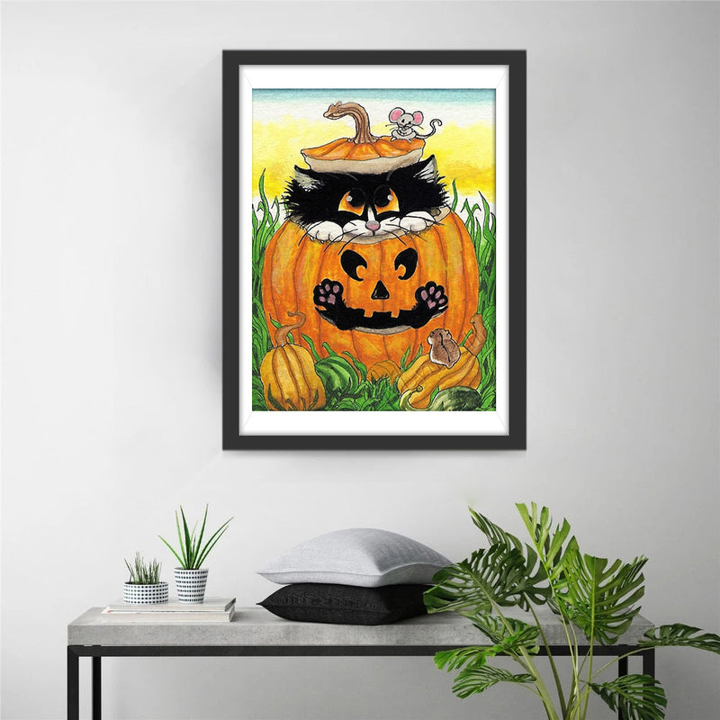 Chat Noir et Blanc dans la Citrouille Broderie Diamant