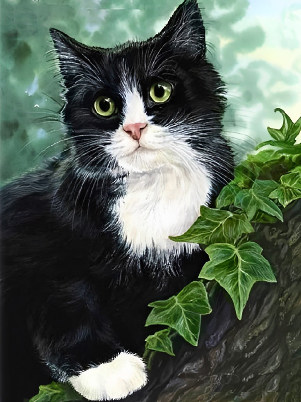 Chat Noir et Blanc dans l'Arbre Broderie Diamant