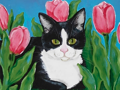 Chat Noir et Blanc dans un Buisson de Tulipes Broderie Diamant