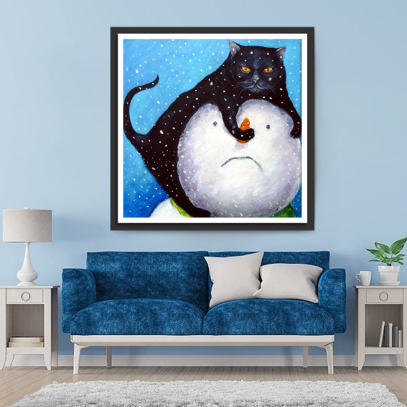 Chat Noir et Bonhomme de Neige Broderie Diamant
