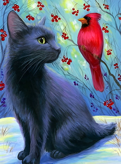 Chat Noir et Cardinal Rouge Broderie Diamant