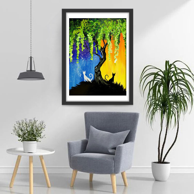 Chat Noir et Chat Blanc sous Vigne Broderie Diamant