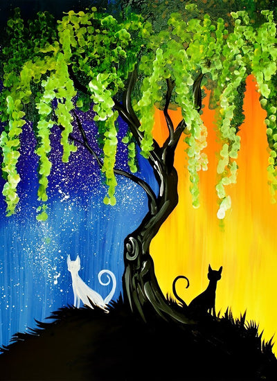 Chat Noir et Chat Blanc sous Vigne Broderie Diamant