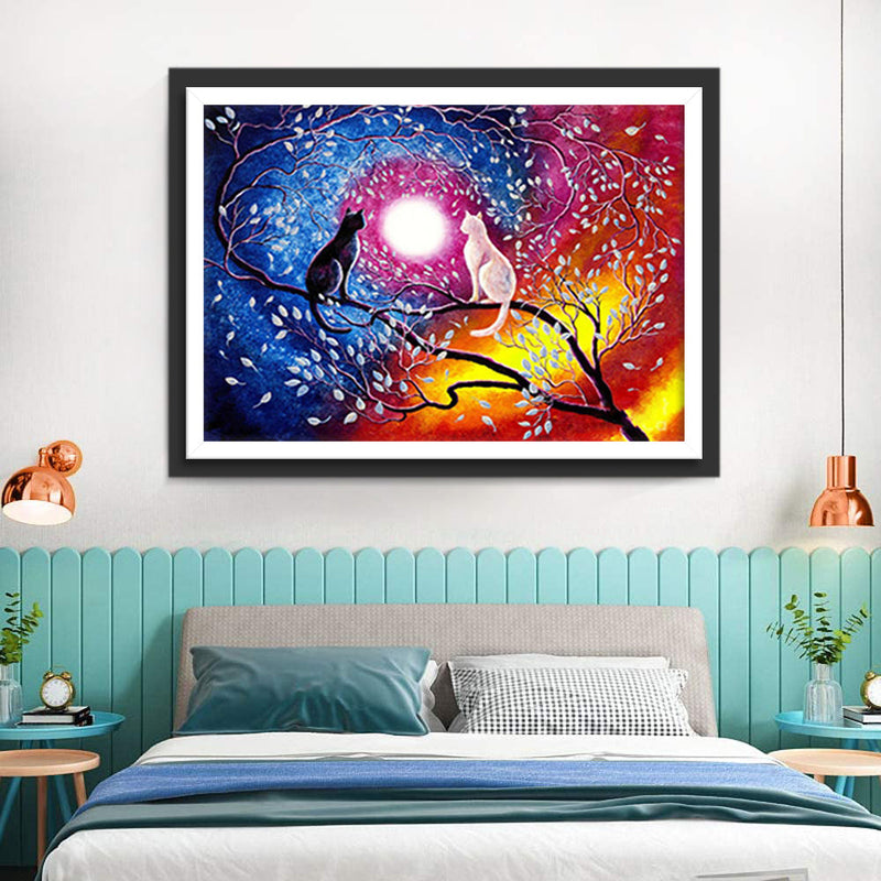 Chat Noir et Chat Blanc sous Vigne sur Branches Fantastiques Broderie Diamant