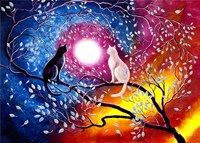 Chat Noir et Chat Blanc sous Vigne sur Branches Fantastiques Broderie Diamant
