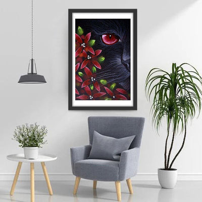 Chat Noir et Fleurs Rouges en Broderie de Soie Broderie Diamant