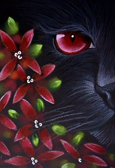 Chat Noir et Fleurs Rouges en Broderie de Soie Broderie Diamant