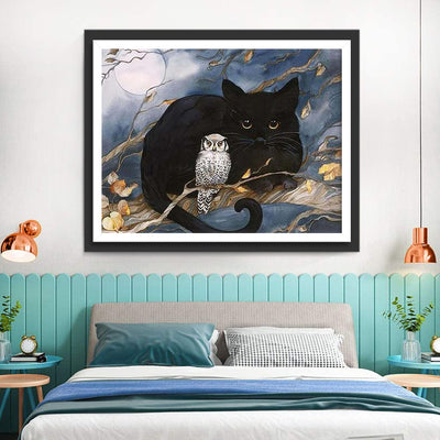 Chat Noir et Hibou dans la Nuit Broderie Diamant
