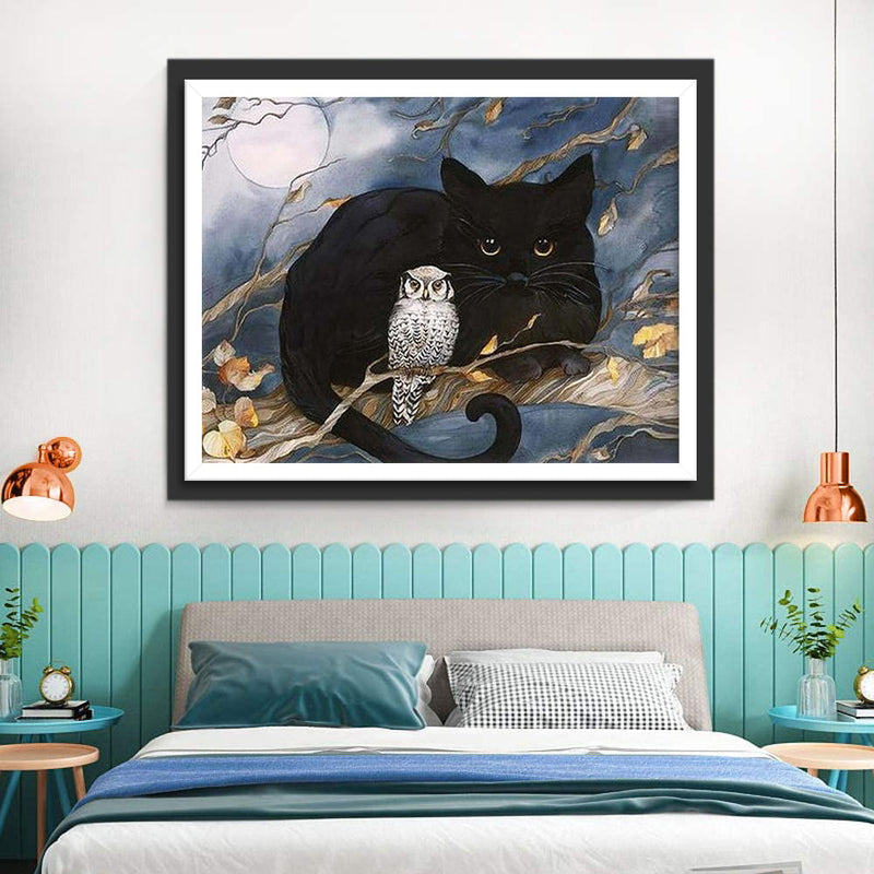Chat Noir et Hibou dans la Nuit Broderie Diamant