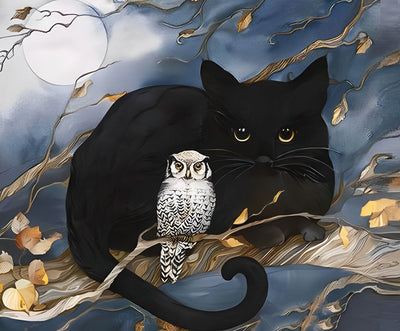 Chat Noir et Hibou dans la Nuit Broderie Diamant
