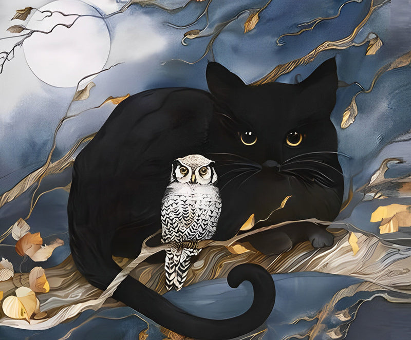 Chat Noir et Hibou dans la Nuit Broderie Diamant