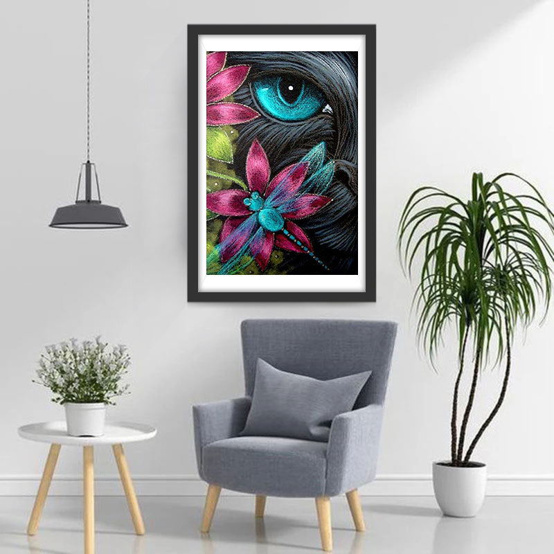 Chat Noir et Libellule en Broderie de Soie Broderie Diamant