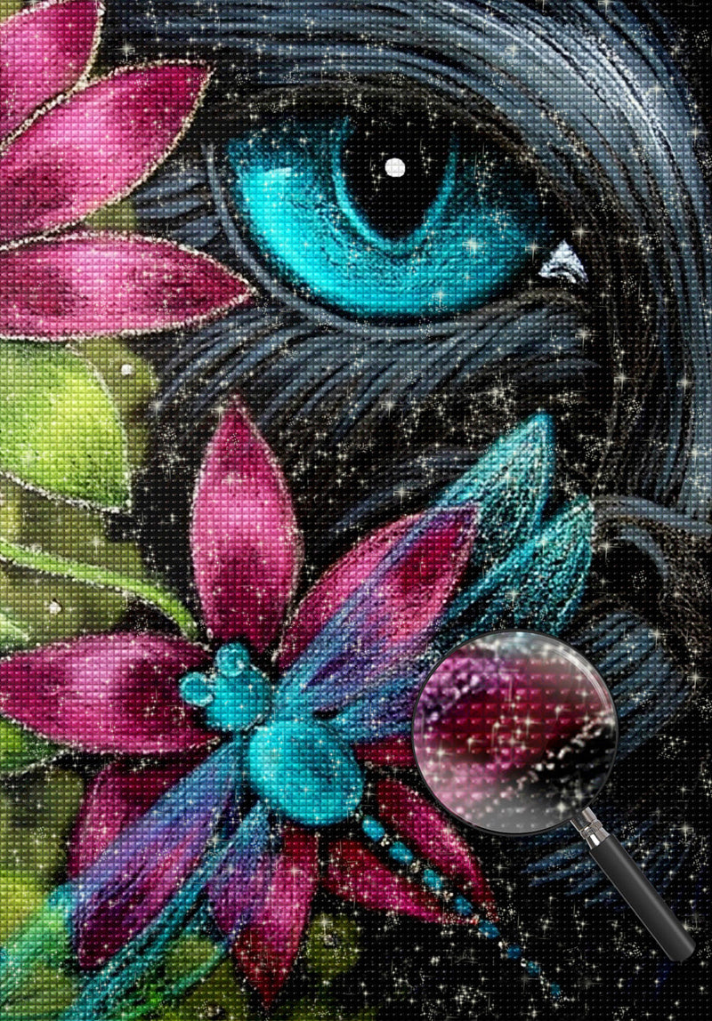 Chat Noir et Libellule en Broderie de Soie Broderie Diamant
