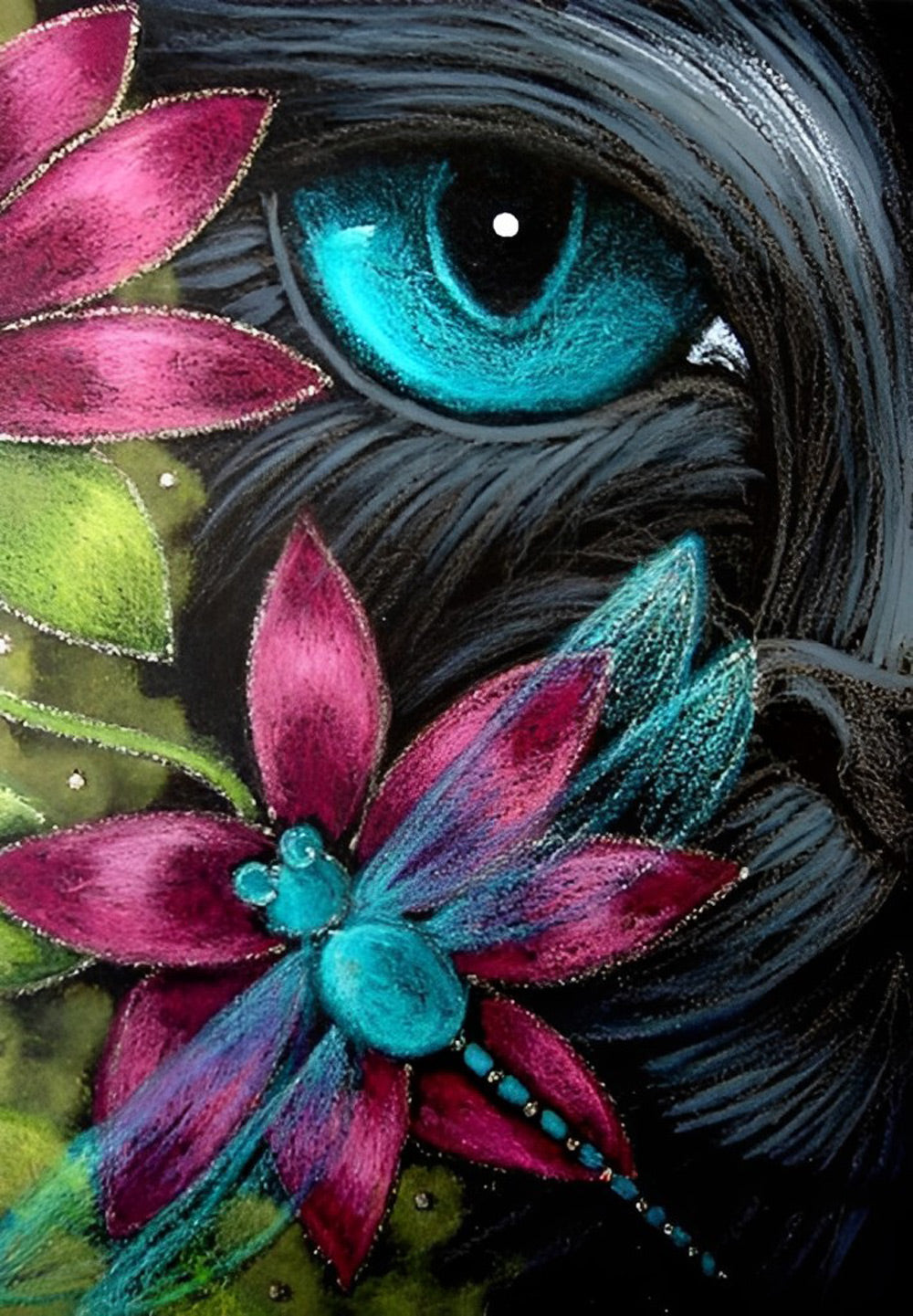 Chat Noir et Libellule en Broderie de Soie Broderie Diamant