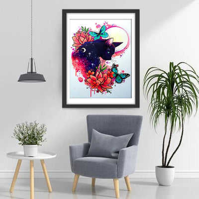 Chat Noir et Papillon sous la Lune Broderie Diamant