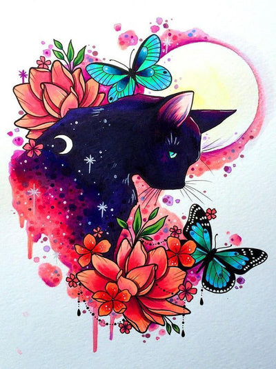Chat Noir et Papillon sous la Lune Broderie Diamant