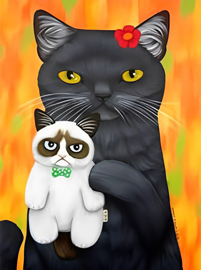 Chat Noir et Poupée de Chaton Broderie Diamant