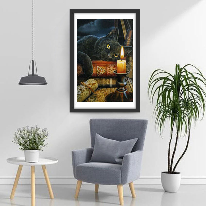 Chat Noir et une Bougie Broderie Diamant