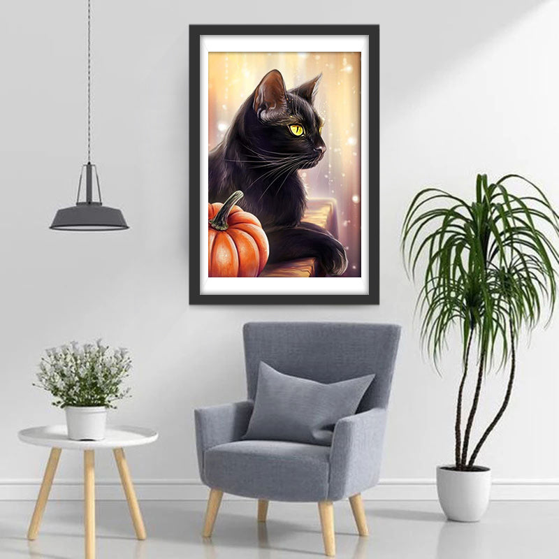 Chat Noir et une Citrouille Broderie Diamant
