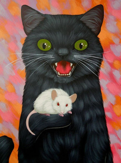 Chat Noir Féroce et Petite Souris Blanche Broderie Diamant