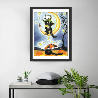 Chat Noir Saupoudrant d'Etoiles sur la Lune Broderie Diamant