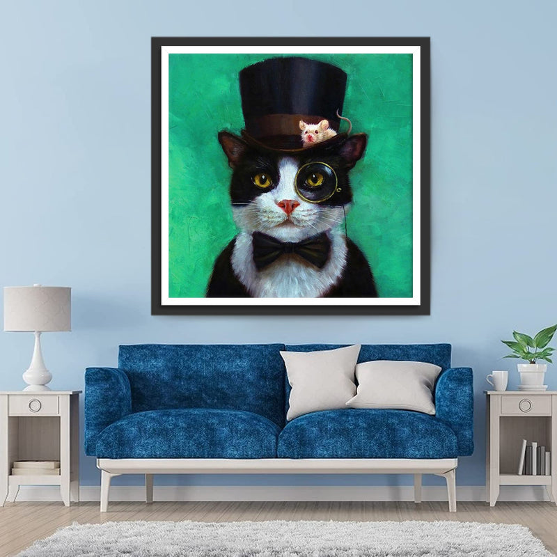 Chat Notable en Haut-de-Forme et Lunettes Broderie Diamant