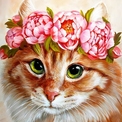 Chat Orange à Poil Long avec Couronne de Fleurs Broderie Diamant