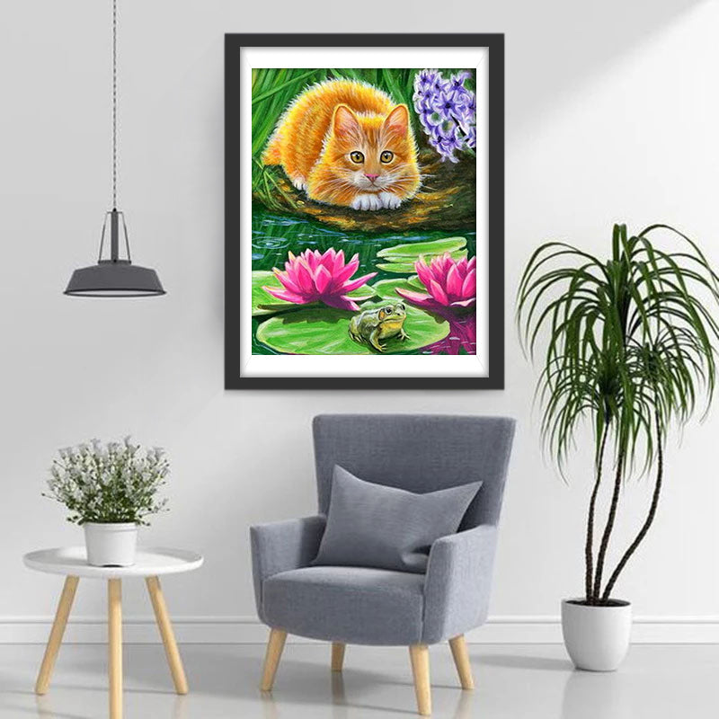 Chat Orange au Bord de l’Etang aux Lotus Broderie Diamant